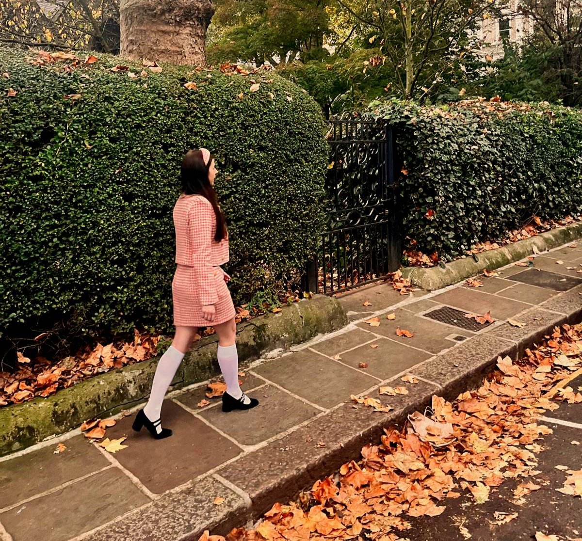 Elegant Tweed Outfit Pink and White spotted in the Streets of London